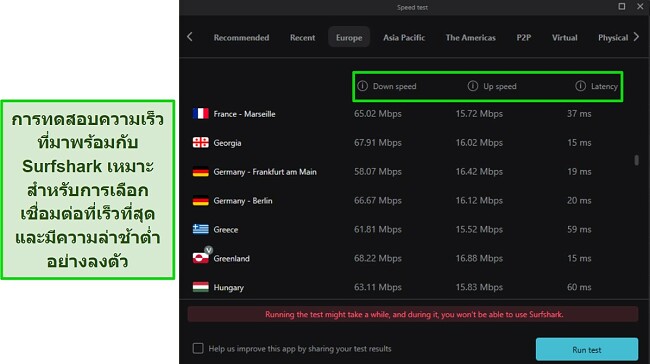 ทดสอบความเร็วของ Surfshark VPN ด้วยตัวทดสอบความเร็วที่ใช้งานง่าย - ความเร็วดาวน์โหลด ความเร็วอัพโหลด และความล่าช้า
