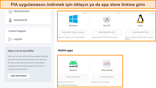 Kullanılabilir uygulama indirmelerinin vurgulandığı PIA İstemci Kontrol Panelinin ekran g&ouml;r&uuml;nt&uuml;s&uuml;.