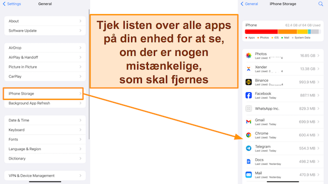 Sk&aelig;rmbillede af iPhones app-liste fra iPhone-lager