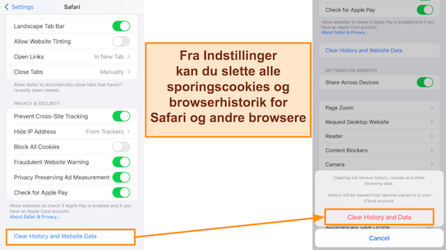 Sk&aelig;rmbillede af Safari-indstillinger for at rydde browserhistorik