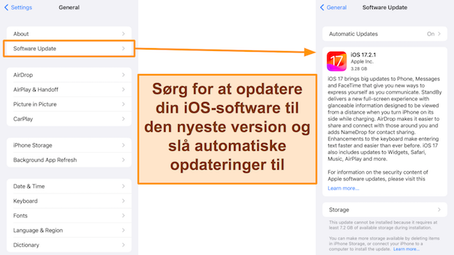 Sk&aelig;rmbillede af iOS opdateringsmulighed