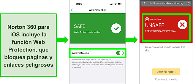 Captura de pantalla de Norton 360 para iOS y su funci&oacute;n de protecci&oacute;n web habilitada en la aplicaci&oacute;n y que bloquea un sitio web peligroso.