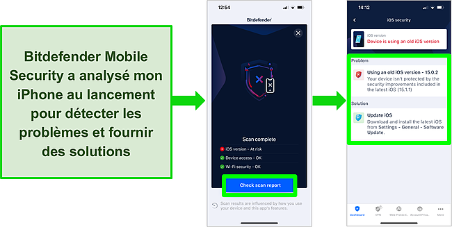 Capture d'&eacute;cran de Bitdefender Mobile Security pour iOS et des r&eacute;sultats de l'analyse sur l'application montrant une version iOS obsol&egrave;te.