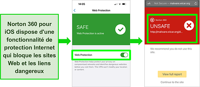 Capture d'&eacute;cran de Norton 360 pour iOS et de sa fonction de protection Web activ&eacute;e sur l'application et bloquant un site Web dangereux.