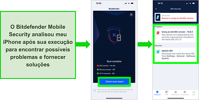 Captura de tela do Bitdefender Mobile Security para iOS e os resultados da an&aacute;lise no aplicativo mostrando uma vers&atilde;o desatualizada do iOS.