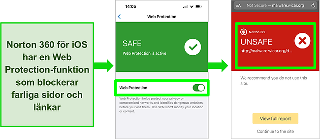 Sk&auml;rmdump av Norton 360 f&ouml;r iOS och dess webbskyddsfunktion aktiverad i appen och blockerar en farlig webbplats.