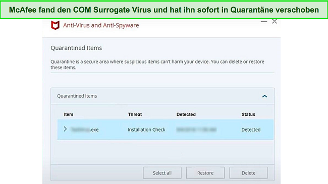 Screenshot, der eine McAfee-Quarant&auml;ne-Malware-Datei zeigt