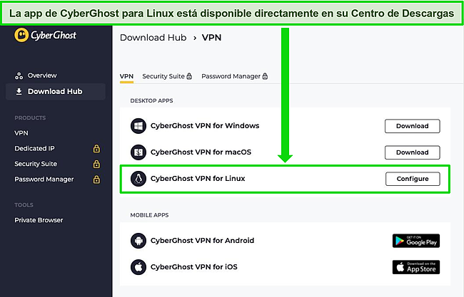 Captura de pantalla de CyberGhost Download Hub que muestra la opci&oacute;n de instalaci&oacute;n de la aplicaci&oacute;n Linux.