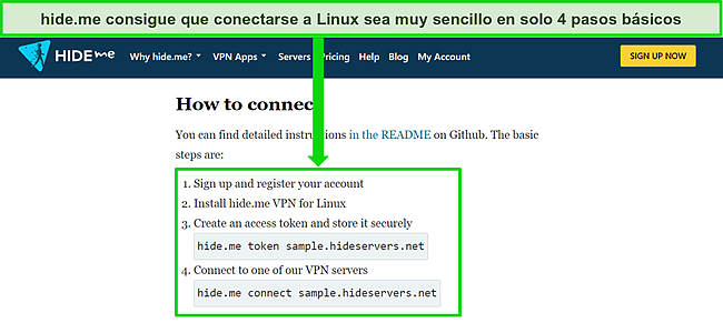 Captura de pantalla del sitio web de hide.me que detalla c&oacute;mo conectarse a la VPN usando Linux con una gu&iacute;a b&aacute;sica paso a paso resaltada.