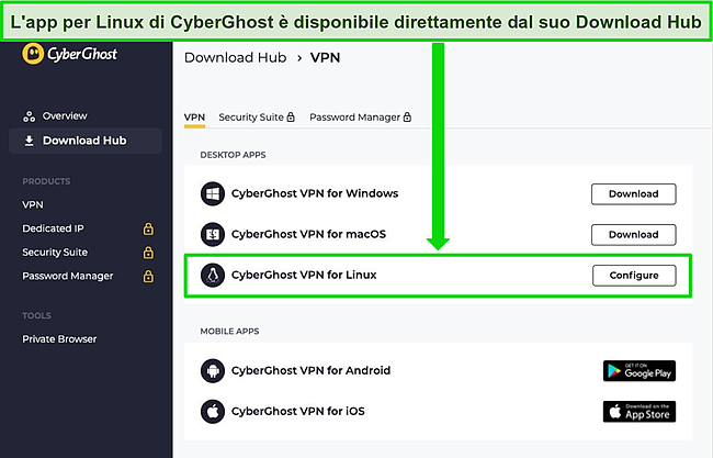 Screenshot di CyberGhost Download Hub che mostra l'opzione di installazione dell'app Linux.