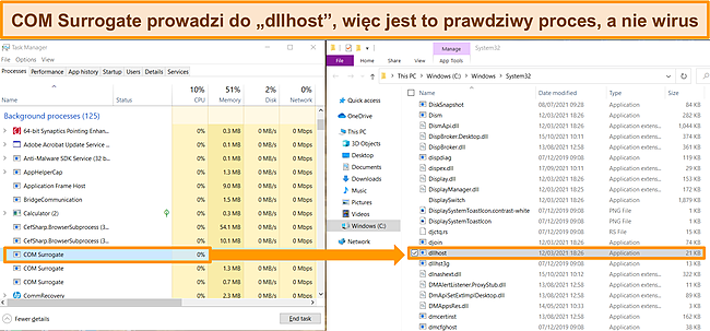 Zrzut ekranu plik&oacute;w Menedżera zadań Windows i System32 z podświetlonymi COM Surrogate i dllhost, aby pokazać, że proces nie jest wirusem.