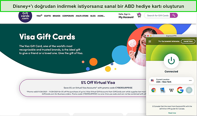 ExpressVPN ile &ccedil;alışan sanal ABD hediye kartı.