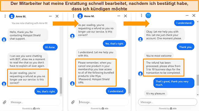 Screenshot eines Live-Chat-Mitarbeiters, der eine Servicer&uuml;ckerstattung f&uuml;r Hotspot Shield verarbeitet.