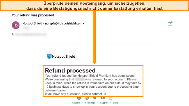 Screenshot einer R&uuml;ckerstattungsbest&auml;tigungs-E-Mail von Hotspot Shield.