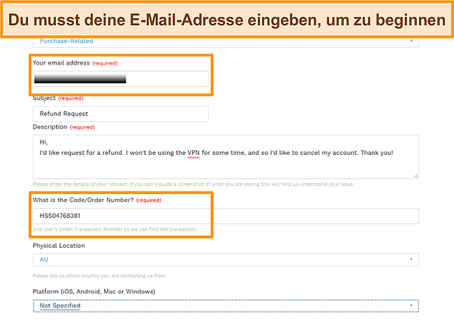 Screenshot des E-Mail-Ticketformulars von Hotspot Shield f&uuml;r die R&uuml;ckerstattung.