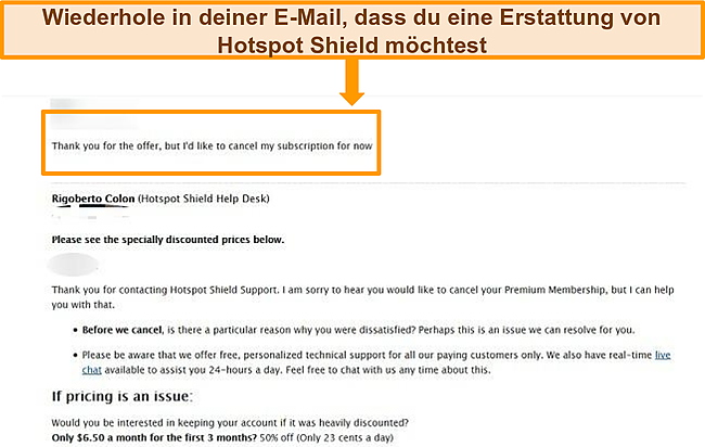 Screenshot des E-Mail-Ticketformulars von Hotspot Shield f&uuml;r die R&uuml;ckerstattung.
