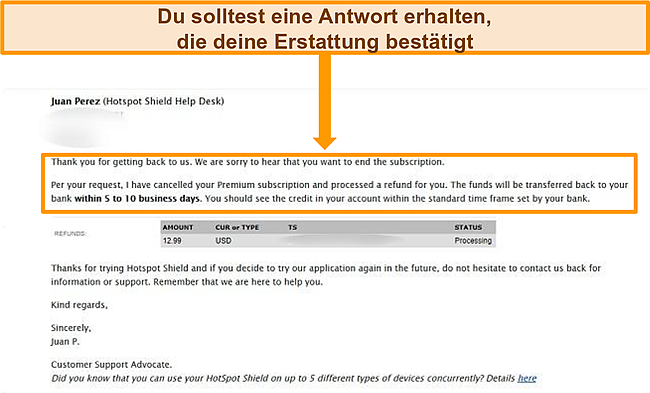 Screenshot der Hotspot Shield-R&uuml;ckerstattungsbest&auml;tigungs-E-Mail.