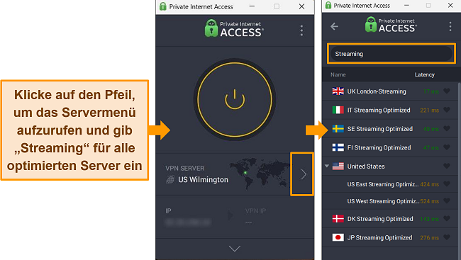 Screenshot der Streaming-Server von PIA, die durch Eingabe von &bdquo;Streaming&ldquo; in die Suchleiste gefunden wurden