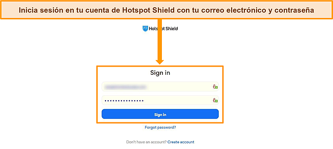 Captura de pantalla de la pantalla de inicio de sesi&oacute;n de Hotspot Shield.