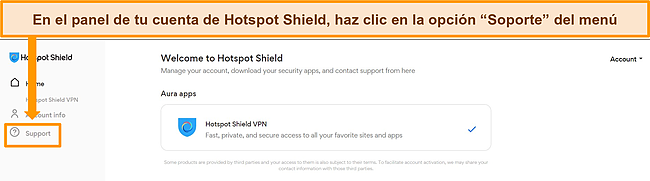 Captura de pantalla del tablero de la cuenta de Hotspot Shield con la opci&oacute;n Soporte resaltada.