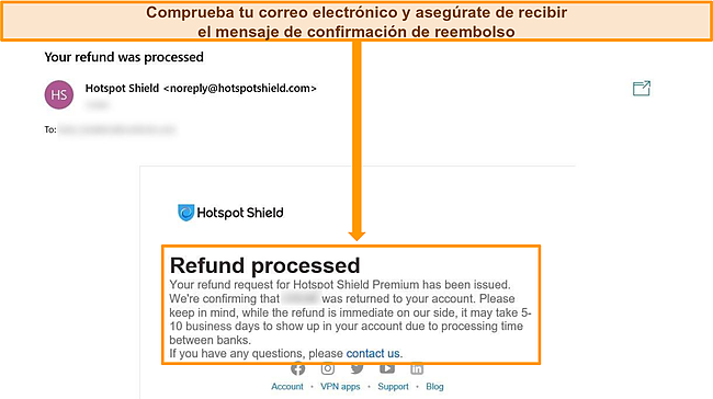 Captura de pantalla de un correo electr&oacute;nico de confirmaci&oacute;n de reembolso de Hotspot Shield.