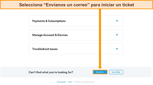 Captura de pantalla del men&uacute; de soporte en el sitio web de Hotspot Shield.