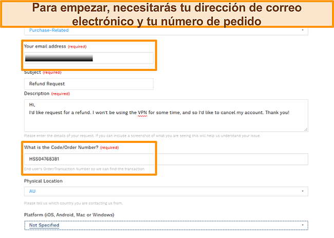 Captura de pantalla del formulario de ticket de correo electr&oacute;nico de Hotspot Shield para reembolso.