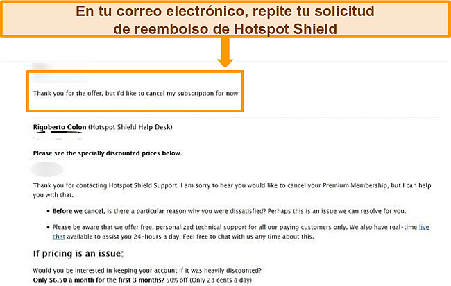 Captura de pantalla del formulario de ticket de correo electr&oacute;nico de Hotspot Shield para reembolso.