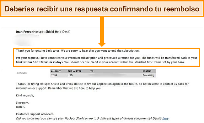 Captura de pantalla del correo electr&oacute;nico de confirmaci&oacute;n de reembolso de Hotspot Shield.