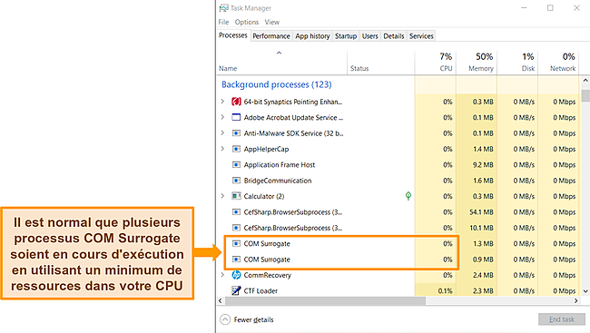 Capture d'&eacute;cran du gestionnaire de t&acirc;ches Windows avec 2 processus COM Surrogate mis en surbrillance.