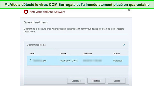 Capture d'&eacute;cran montrant McAfee mettant en quarantaine un fichier malveillant