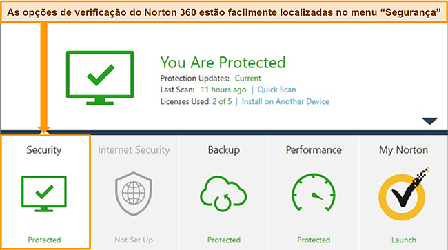 Captura de tela do aplicativo do Windows do Norton 360 com as op&ccedil;&otilde;es de seguran&ccedil;a destacadas.