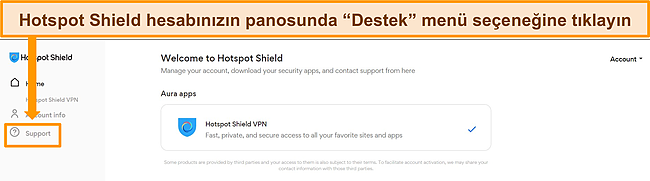 Destek se&ccedil;eneği vurgulanmış olarak Hotspot Shield'in hesap panosunun ekran g&ouml;r&uuml;nt&uuml;s&uuml;.