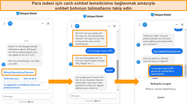 Hotspot Shield'in sohbet robotu etkileşimlerinin ekran g&ouml;r&uuml;nt&uuml;s&uuml;.