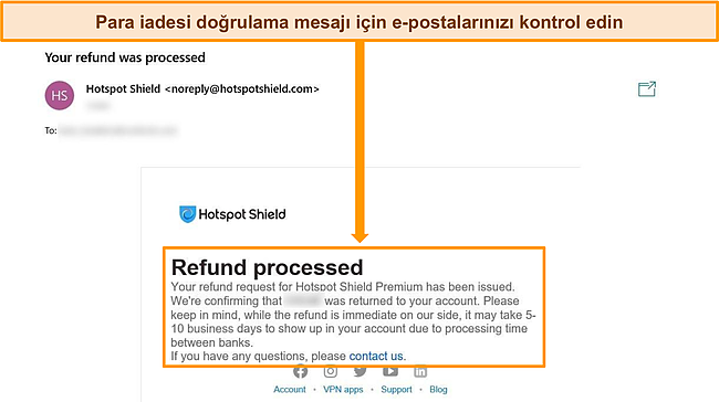 Hotspot Shield'den gelen geri &ouml;deme onay e-postasının ekran g&ouml;r&uuml;nt&uuml;s&uuml;.