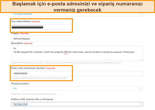Geri &ouml;deme i&ccedil;in Hotspot Shield e-posta bilet formunun ekran g&ouml;r&uuml;nt&uuml;s&uuml;.