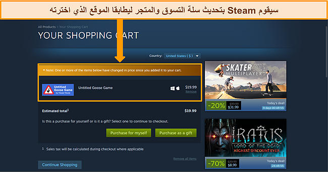 لقطة شاشة للوحة تحكم Steam مع عملة وعربة محدّثة لمطابقة الموقع الجديد المختار.