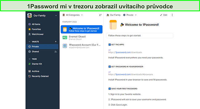 1Password obsahuje průvodce Zač&iacute;n&aacute;me.