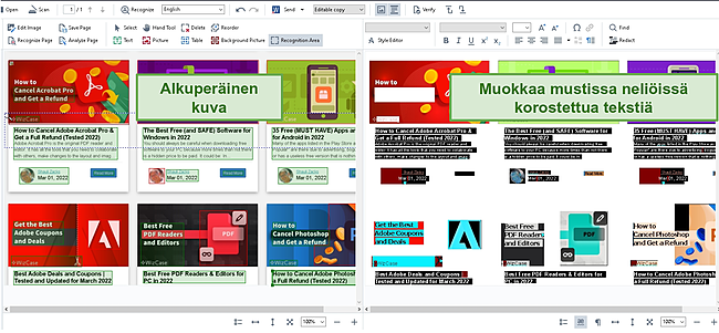 Kuvakaappaus ladatun kuvan ja muokattavan tekstin vierekk&auml;isest&auml; n&auml;kym&auml;st&auml;.