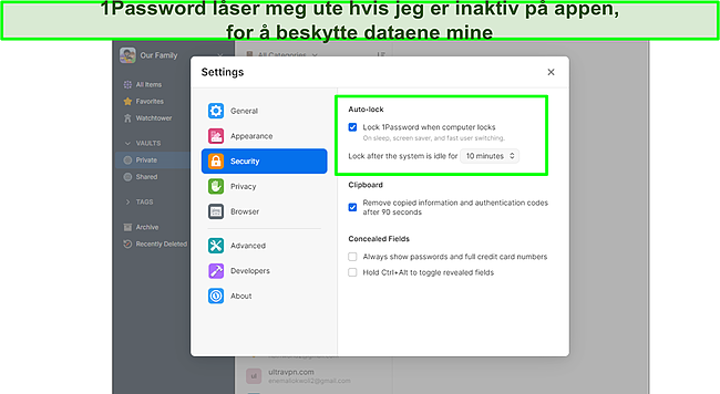 1Password l&aring;ser deg ute hvis du er inaktiv.