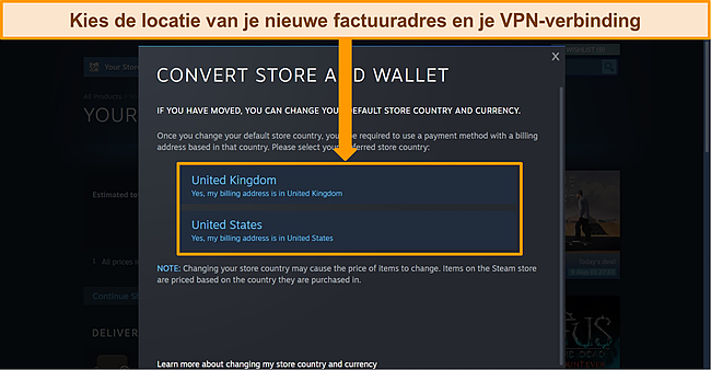 Screenshot van Steam "Convert Store and Wallet"-menu met locatie-opties gemarkeerd.