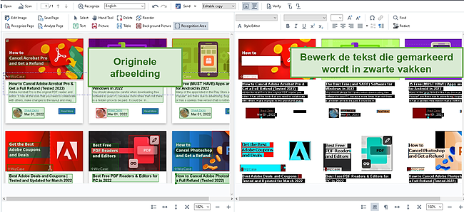 Screenshot van Side-by-side weergave van ge&uuml;ploade afbeelding en bewerkbare tekst.