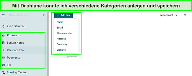 Screenshot vom Hinzuf&uuml;gen pers&ouml;nlicher Datens&auml;tze zu meinem Dashlane-Tresor.