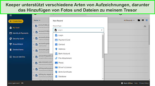 Screenshot von Keeper unterst&uuml;tzt verschiedene Arten von Aufzeichnungen.
