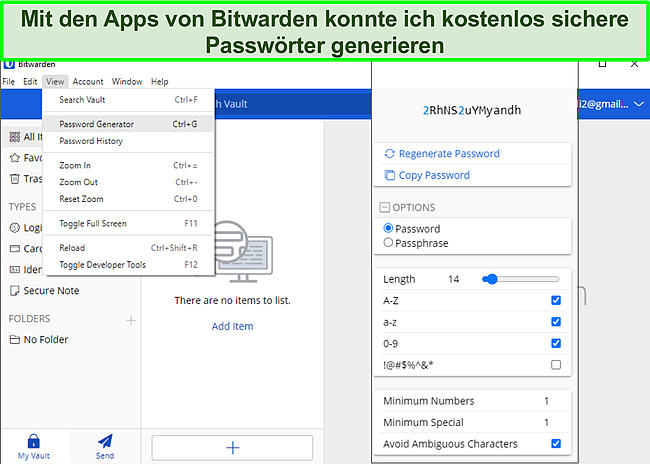 Screenshot der Generierung von Passw&ouml;rtern auf Bitwarden.