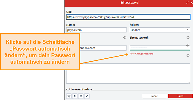 Screenshot der LastPass-Schaltfl&auml;che zum automatischen &Auml;ndern des Passworts.