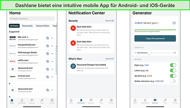 Screenshot der Benutzeroberfl&auml;che der mobilen Dashlane-App.