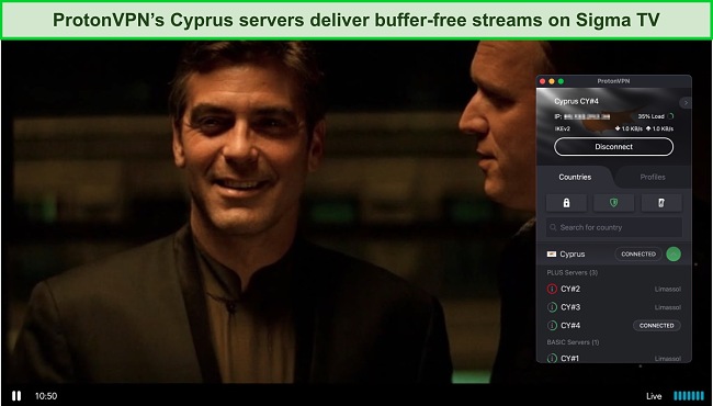 Screenshot of Proton VPN unblocking Sigma TV