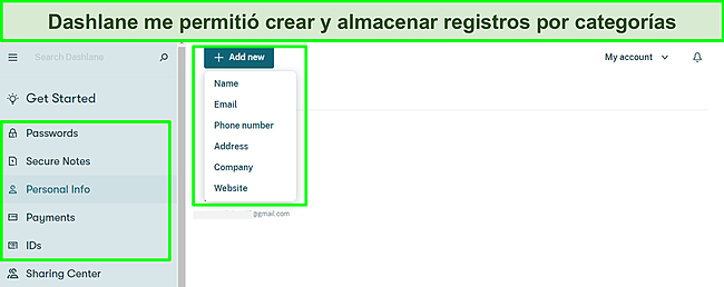 Captura de pantalla de Agregar registros personales a mi b&oacute;veda de Dashlane.