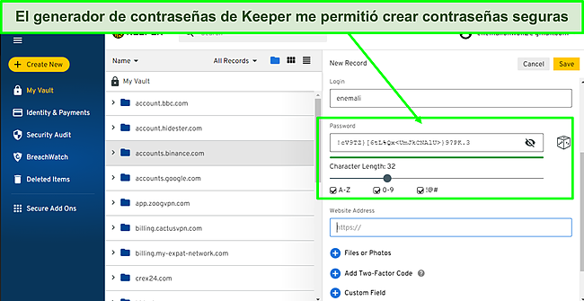 Captura de pantalla del generador de contrase&ntilde;as de Keeper.
